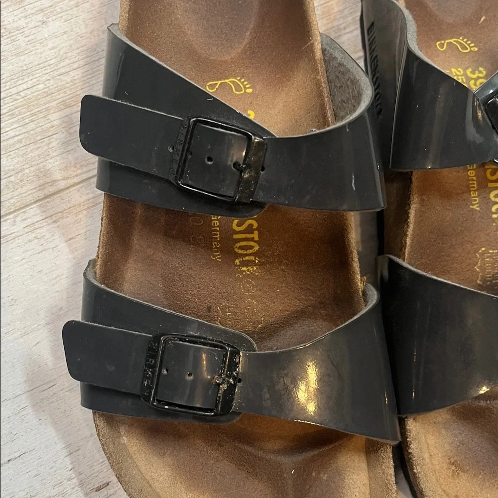 Birkenstock Arizona Dark Grey Birko-Flor Patent Sandals Size 8-8.5